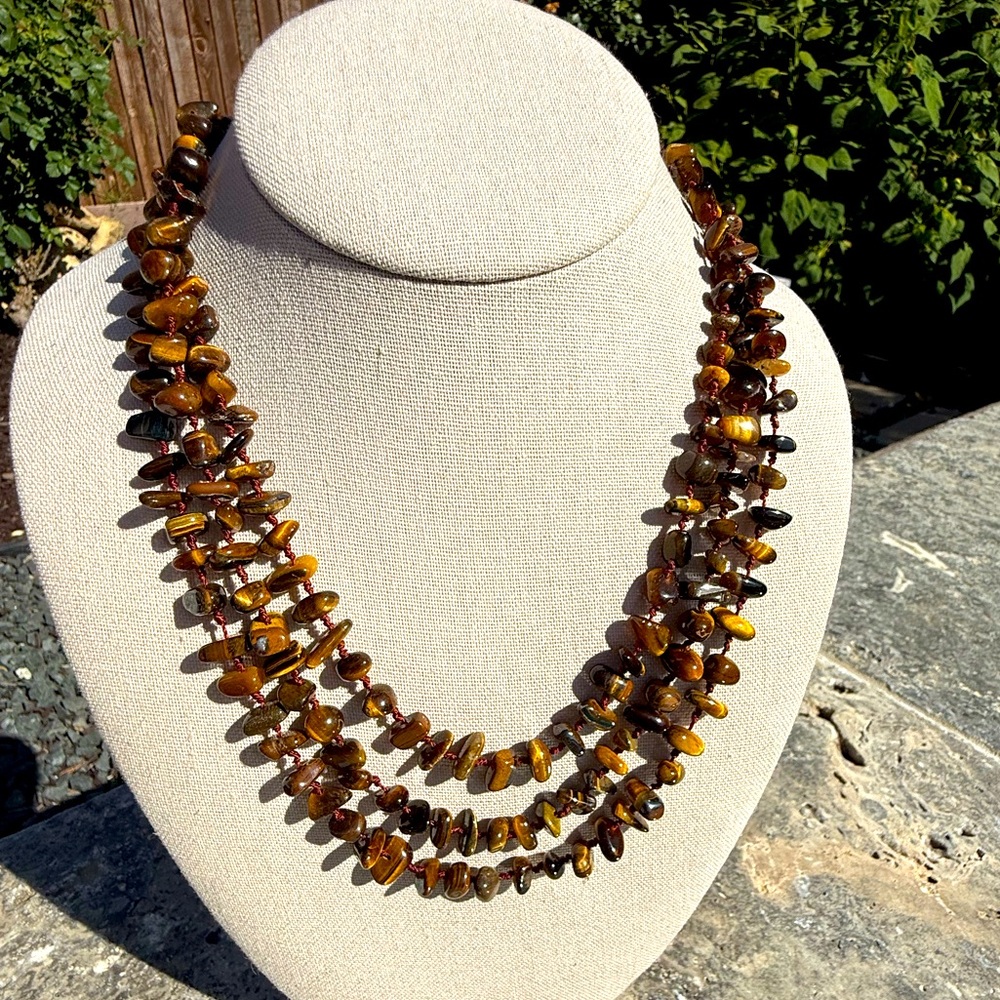 Vintage Tiger’s Eye 3 Strand Hand Knotted Gemstone Necklace Toggle